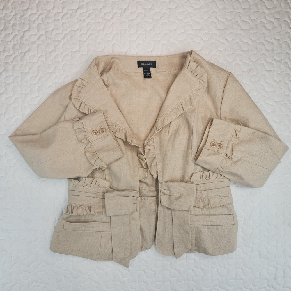 Eclectic Linen Cotton Beige Blazer Maximal Career Old Money  3/4 sleeve Top MED.